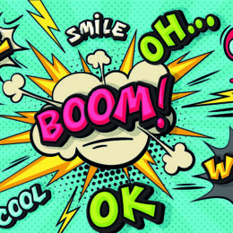 Boom-Schriftzug in Comic-Art vor mehrfarbigen Hintergrund.