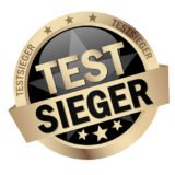Goldenes Siegel mit dem Slogan "Testsieger"