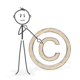 Strichmännchen zeigt verägert auf Copyright-Symbol.