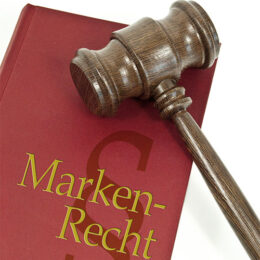 Ein Richterhammer liegt auf einem Markenrechts-Gesetzbuch