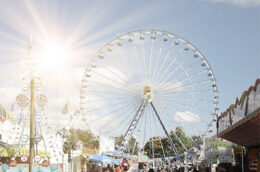 Ein Riesenrad unter strahlend blauem Himmel