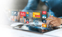 Businessman doing digital marketing and online advertising to target customers. Online sales concept of digital marketing, ad, product ads, promotion of products or services through digital tools.