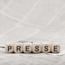 Aufschrift Presse auf Würfeln, die auf Zeitung liegen